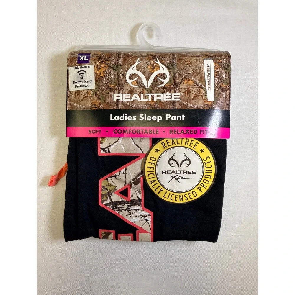 Realtree Xtra Camo Logo Sleep Pants Womens XL Black Pink Relaxed Fit Pajamas NEW